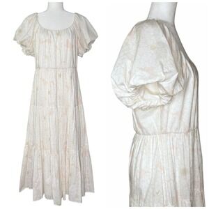 Calvin Klein Maxi Dress‎ L Babydoll Cottage Tiered Boho Floral Balloon Sleeve